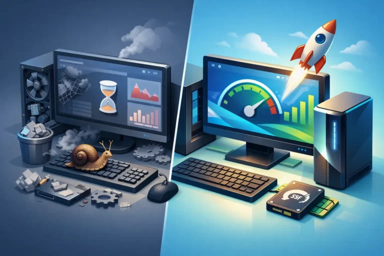 Antes e depois da otimização no Windows